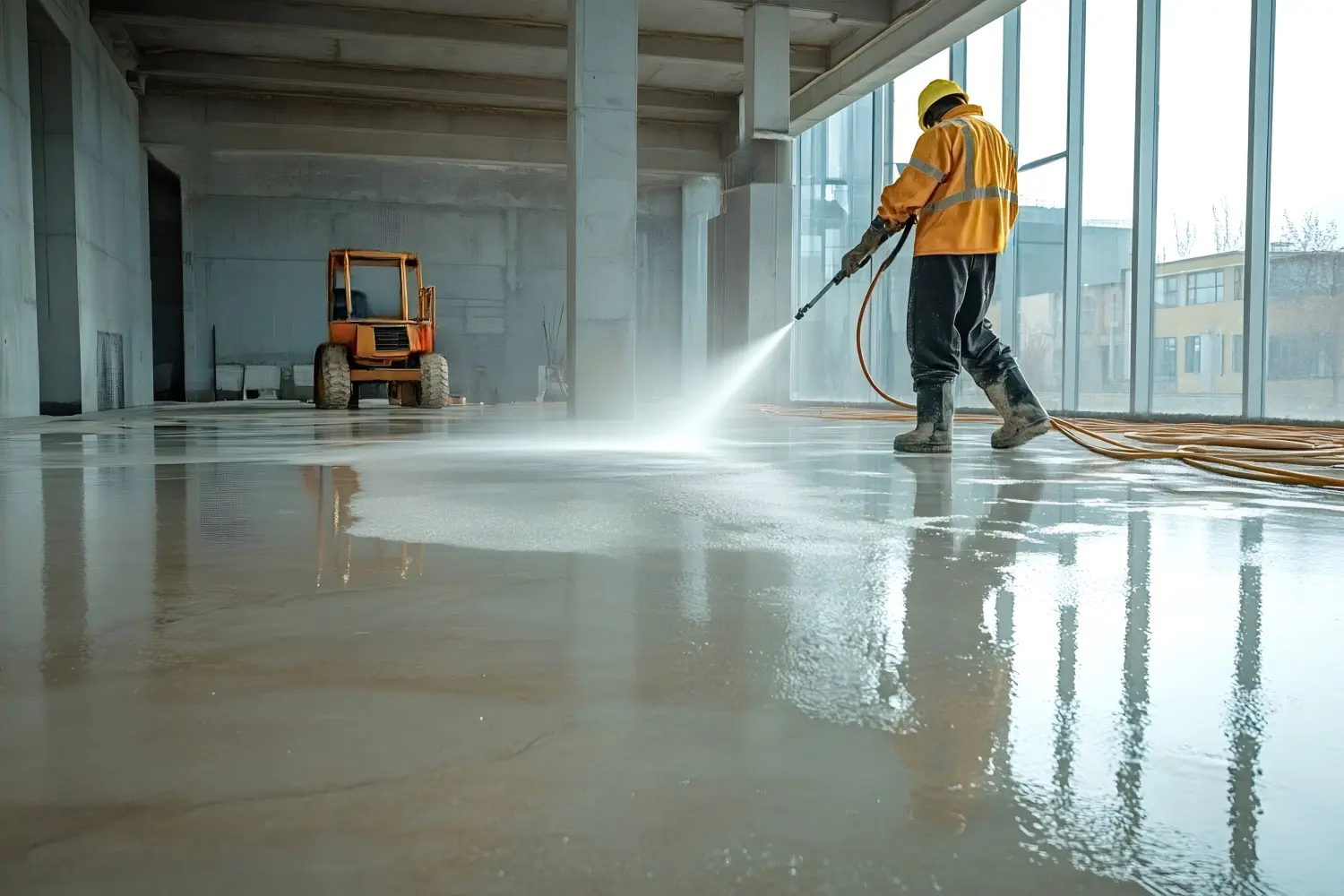 Arbeiter mit Sicherheitsausrüstung bei der Reinigung eines Betonbodens mit einem Hochdruckreiniger